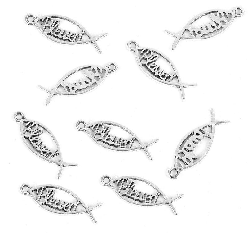 JGFinds Blessed Fish Charms, Spiritual Message Silver Tone, 36 Pack of Bracelet Charms Jewelry Making Quotes for Keychains - Encouragement Inspirational Courage Sayings - Image 1